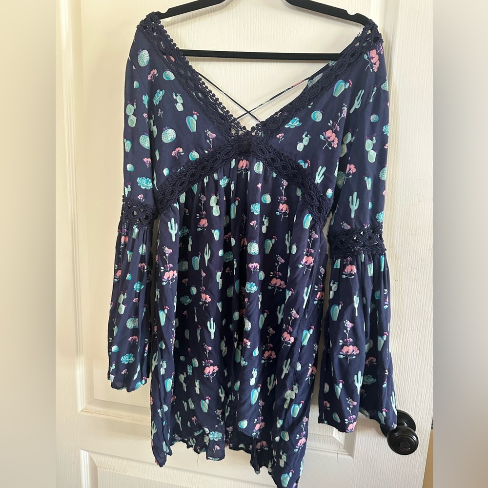 Roper Navy Floral n Cactus Print Boho Off The Shoulder High Lo Dress Size S